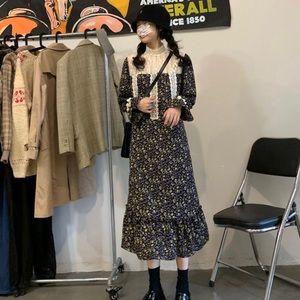 Romantic lace stitching design floral dress retro Joker dress